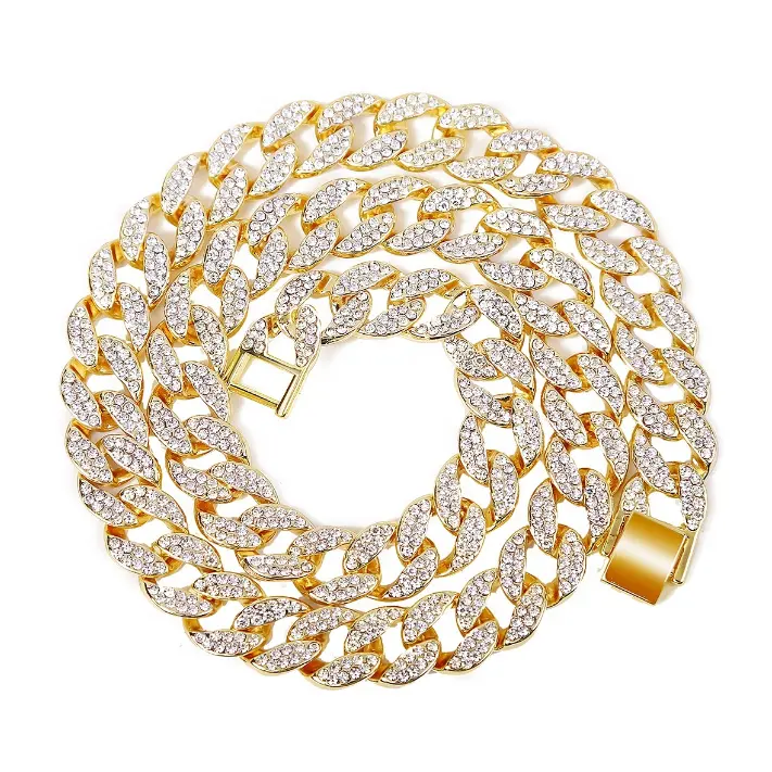 Colar cubano Stock iced out 15mm width cuban chain alloy material with bling rhinestone miami Hip hop necklace jewelry necklace