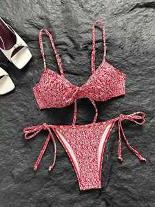 2026 European American Style <b>Small</b> Red Flower Print Two Piece <b>Bikini</b> Front Tie Side Tie Push Up Women Holiday Swimwear Wholesale - Product Image 4