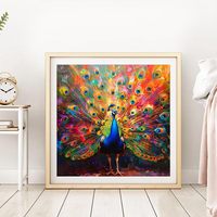 Kit de peinture au diamant 5D abstrait moderne Songwoo, paon aux couleurs vives avec des plumes de queue entièrement étendues