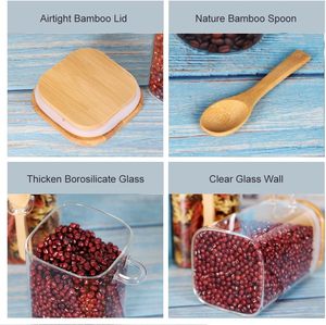 YOLOWE HOME 18 OZ <span class=keywords><strong>Set</strong></span> 4 frascos de vidrio cuadrados tapas de bambú cucharas herméticas pequeño vidrio té café azúcar contenedores almacenamiento de alimentos - Product Image 2