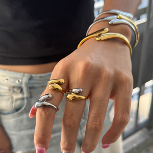 European American Style Bracelet <b>Set</b> Gold Silver Water Droplet Design Unisex Jewelry Gift Titanium Steel Ring And <b>Bangle</b> - Product Image 3