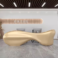 Bureau de réception extensible rose de luxe moderne avec structure en acier inoxydable doré |   Comptoir d'accueil pour hôtel, centre commercial, salon de beauté et spa