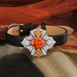 Ensemble de bijoux en pierre précieuse orange flamme et cuir, laiton plaqué platine, bracelet et bague pour femmes, luxe - Product Image 2