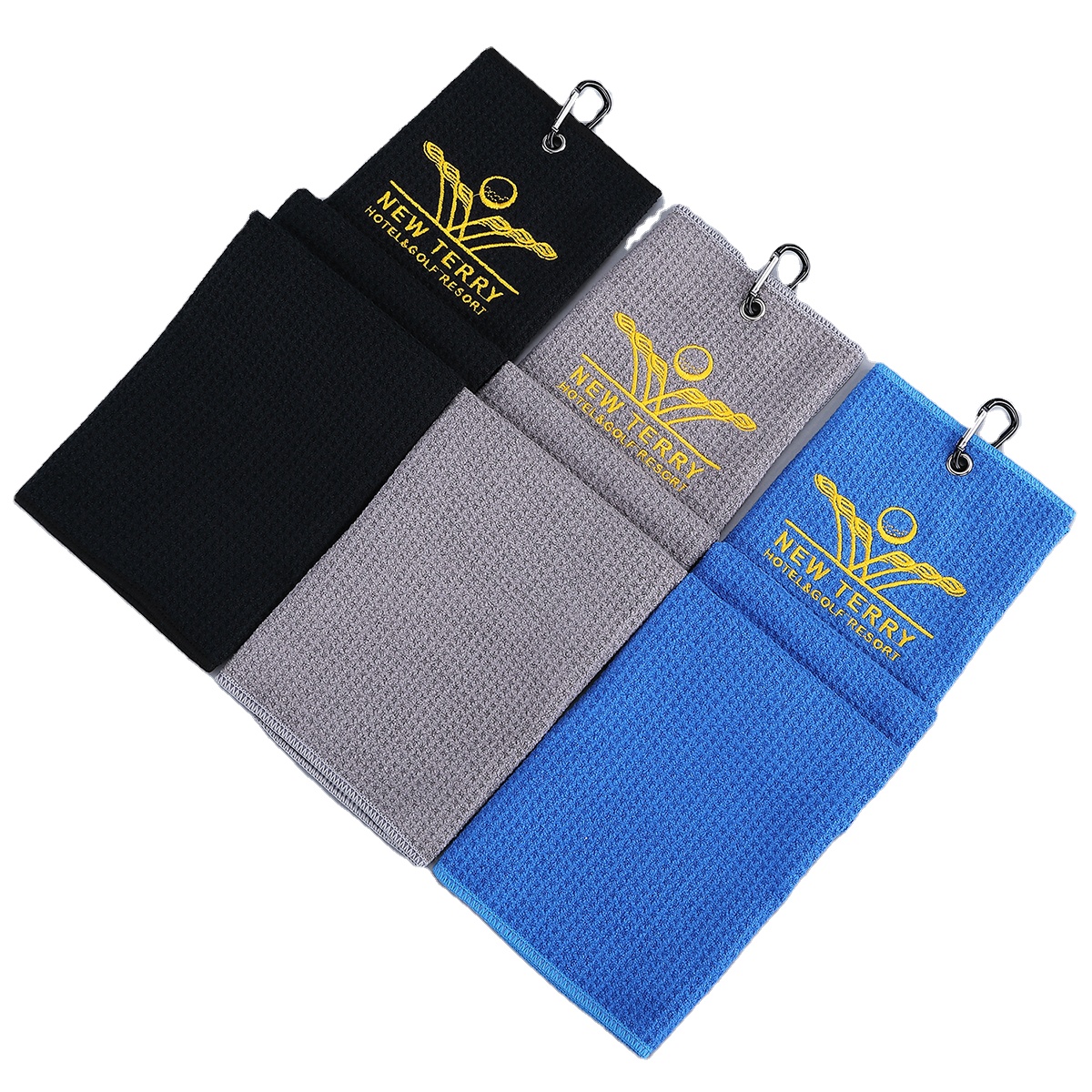 Пользовательское рекламное полотенце с вышивкой логотипа 380GSM, Вафельное полотенце для гольфа из микрофибры тройного сложения