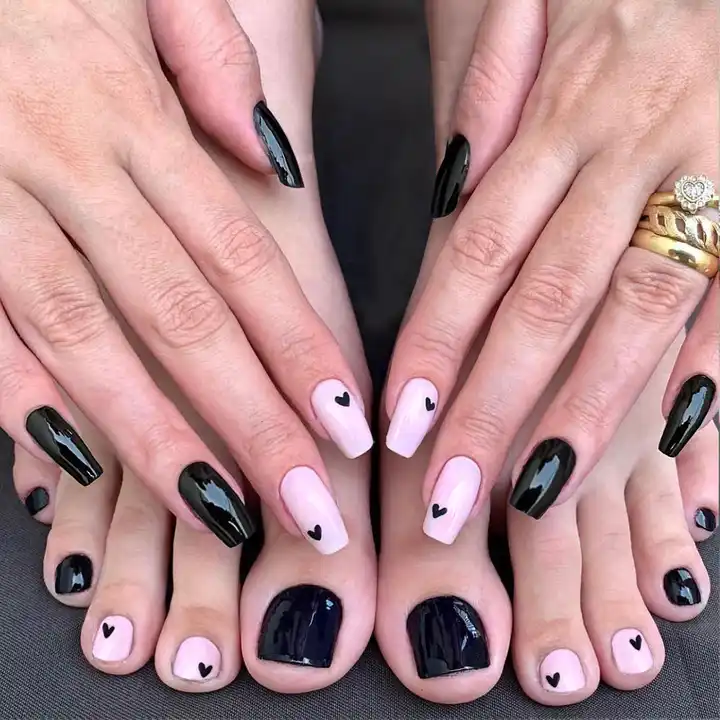 35 Cute Valentine's Day Nails You'll Want To Wear : Black Nails Pink Hearts  1 - Fab Mood | Wedding Colours, Wedding Themes, Wedding colour palettes