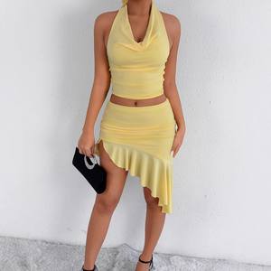 Women's Summer Fashion <b>Dress</b> Set European American Style Sexy Halter Neck Irregular Hem Bodycon Natural Waistline Made Chiffon - Product Image 1