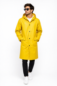 <b>Men's</b> Yellow Hooded Waterproof Long Coat Long Sleeve Button Front <b>Raincoat</b> Outerwear - Product Image 3