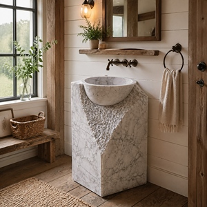 Poulars - Lavabo de Pedestal de Piedra Natural de Lujo, Fabricado a Mano, Lavabo de Mármol Arabescato Corchia - Product Image 5
