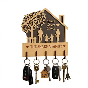 Porte-clés muraux personnalisés en bois avec nom de famille, porte-clés en forme d'arbre de maison, porte-clés de Noël - Product Image 1