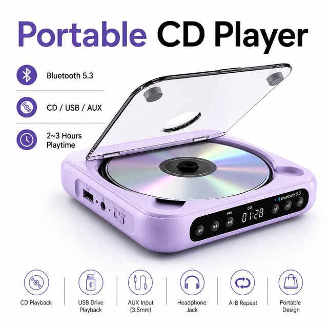 Portable CD Player for Children with Wireless Audio USB MP3 Playback and Rechargeable Battery