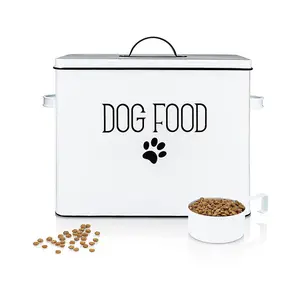 Metal Farmhouse Durable Stylish Dog Treat Containers White Dog Food Container Storage Bin For Dog Food 8kg With Spoon