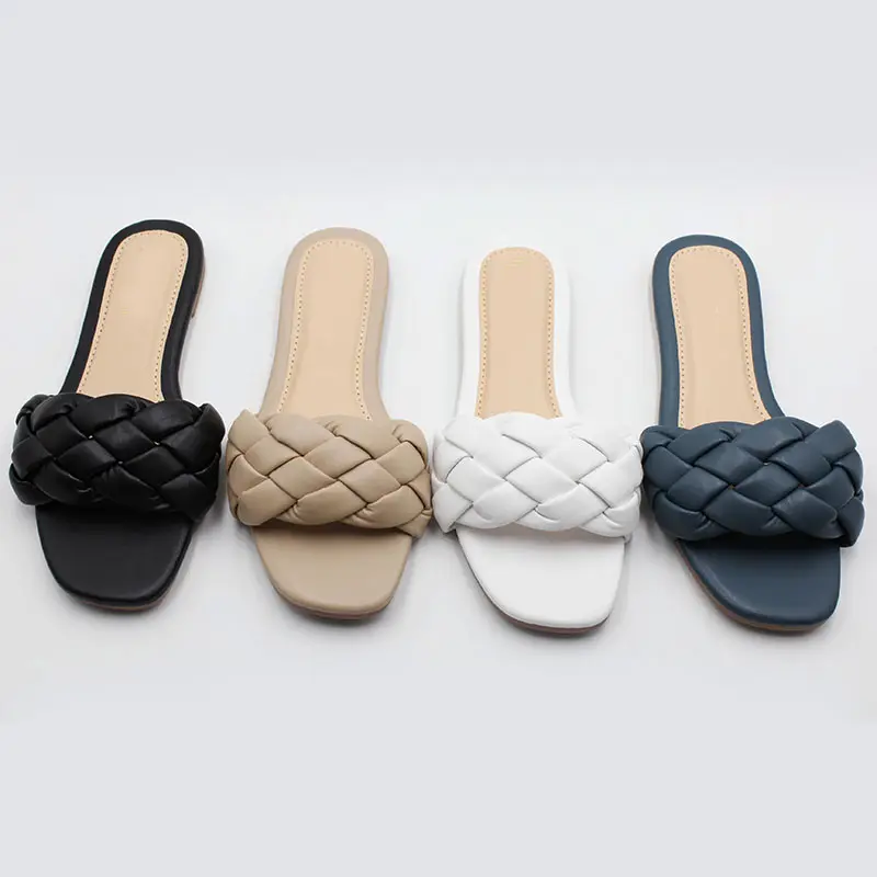 2022 Hot sale high quality solid color Women's Braided Strap Slide Sandals Squared Open Toe Slip-on Leather Flat Slippers