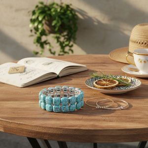 Bracciale con perline turchese placcato Anti-argento stile bohémien oro e diamanti braccialetti religiosi accentuati - Product Image 3