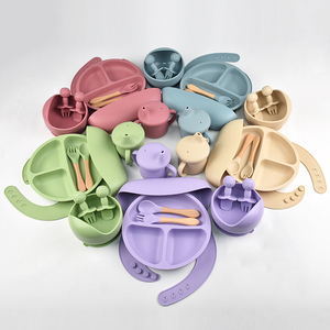 Ensemble d'alimentation pour bébé en silicone, assiette à ventouse, bol, cuillère, fourchette, design rond de couleur unie, kit de repas pour enfants - Product Image 3