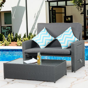 طقم أريكة استرخاء خارجية حديثة من قطعتين مصنوعة من الخوص مع مسند قدم للتخزين، مقعد استلقاء للشمس، أثاث خارجي، سرير نهاري، مناسب لجميع الأحوال الجوية - Product Image 3