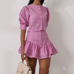 2025 boutonné haut court chemise et volants taille haute a-ligne Mini jupe <span class=keywords><strong>rose</strong></span> coton 2 pièces décontracté été ensembles pour les femmes - Product Image 3