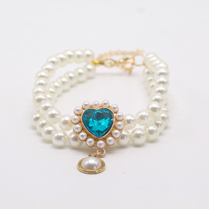 Collier de perles double couche pour animaux de compagnie, pendentif en forme de cœur, collier pour chat et chien, blanc, bleu, or, vert, bijoux en plastique durables - Product Image 1