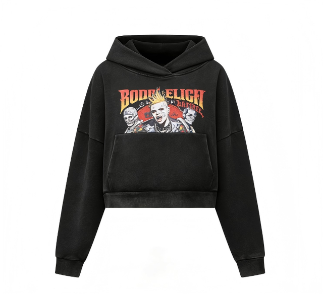 Retro Punk Cropped Hoodie for Women Rock Band Character Print Casual Streetwear Pullover