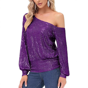 One-Shoulder <b>Sequin</b> <b>Top</b> Long Sleeve Off Shoulder Blouse Women Party Dress Shirt Silver Black Red Purple Gold White Pink A-Line - Product Image 4