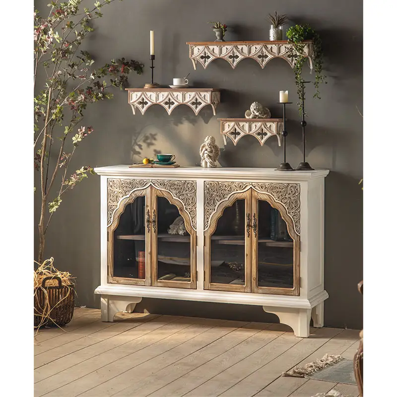 Armoire de rangement en bois rustique Antique et rétro, collection de meubles avec motif gravé porte en verre, tiroirs