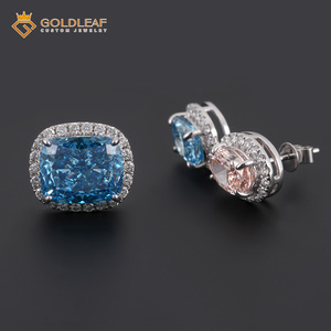 Boucles d'oreilles clous ovales roses longues en or 14 carats avec diamant fantaisie bleu de 2 carats, idéales pour offrir, mariage, usage quotidien - Product Image 3
