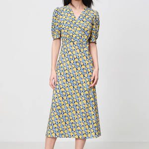 Yay abito 2025 da donna in raso primaverile nuovo colletto incrociato floreale abito con stampa Midi pesante vita naturale per l'estate - Product Image 1