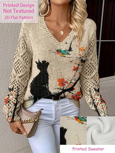 Suéter Casual de Mujer con Estampado de Gatos, Flores y Pájaros al Estilo Chino, Cuello en V, Manga Larga, Estilo Bohemio, Tejido - Product Image 3