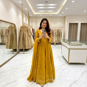 Robe Anarkali en rayonne brodée jaune avec dupatta, longueur ras du sol, tenue traditionnelle indienne et pakistanaise pour femmes, robe de mariage - Product Image 1