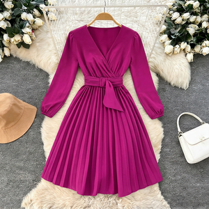 Femmes Vintage-Style Élégant Plancher-Longueur Midi Manches Longueur Solide Automne Couleur Naturelle En Mousseline De Soie Dentelle <span class=keywords><strong>Jupe</strong></span> Plis pour Chaud - Product Image 1
