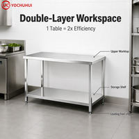 Table de travail robuste en acier inoxydable 304 à double couche 150x60cm |   Qualité alimentaire |   Plan de travail de cuisine professionnelle pour restaurant et hôtel