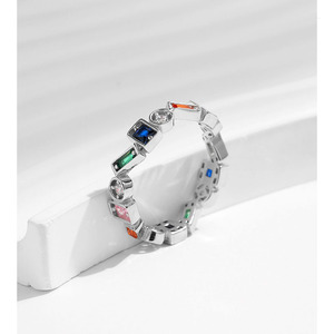 <b>925</b> <b>Silver</b> Eternity Band <b>Ring</b> Geometric Design Bezel Set Diamonds and Colorful Stones Unisex Minimalist Everyday Wear - Product Image 3