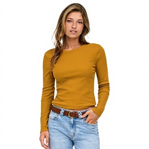 Camiseta Corta de Punto para Mujer, Color Mostaza, Manga Larga, Cuello Redondo, Corte Ajustado, Informal, Mezcla de Algodón y Elastano, Transpirable, para Todas las Temporadas - Product Image 4