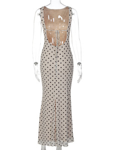 Elegante Vestido Maxi de Lunares con Cuello Redondo, Ajustado, Sin Mangas, Cintura Natural, Dobladillo Recto, Vestido de Fiesta de Verano - Product Image 4