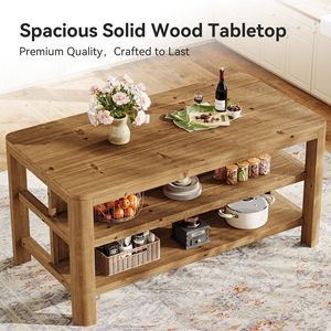Table d'îlot de cuisine SENYU style ferme avec étagère de rangement à 3 niveaux, table de bar en bois de chêne massif hauteur comptoir pour salle à manger - Product Image 4