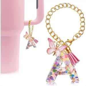 Portachiavi all'ingrosso con 26 lettere in resina <span class=keywords><strong>rosa</strong></span> anime con paillettes, nappa a farfalla, ecologico, impermeabile, fai da te, per decorazioni di borse, chiavi dell'auto e telefoni - Product Image 6