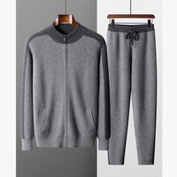 Ensemble sportif décontracté en cachemire épais avec logo personnalisé OEM, cardigan à fermeture éclair en tricot et pantalon ample en tricot, ensemble deux pièces pour hommes