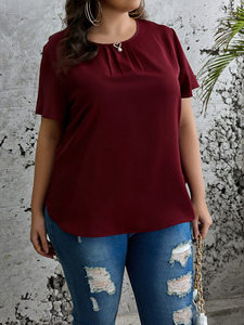 Blus Kasual Wanita Ukuran Besar Baru dengan Lengan Pendek untuk Pakaian Kasual Harian Musim Semi dengan Cetakan Warna Solid Sederhana Ukuran <span class=keywords><strong>5XL</strong></span>. - Product Image 3