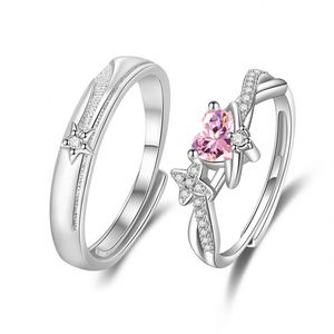 Anillos de Pareja Plateados en Platino, Anillo de Joyería para Pareja con Corazón de Circonita Rosa, Anillos Ajustables para Mujer y Hombre, Joyería de Boda - Product Image 1