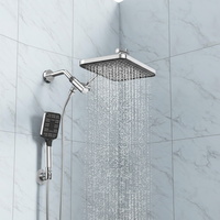 En stock, Ensemble de douche carré multifonction en chrome poli avec pommeau de douche à effet pluie et douchette à main pour salle de bain d'hôtel