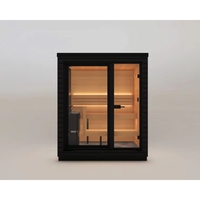 Sauna à vapeur compact en bois massif, design cube, écologique, avec verre panoramique, pour une relaxation moderne en bord de mer et en vacances