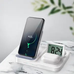 3 in 1 Wireless Charging Station Clock for Phone & Headphones / Wireless Charger Compatible with for Apple Products