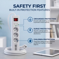 Multiprise 3 voies avec protection contre les surtensions, charge USB, prise EU 16A, rallonge 1,5 m, protection contre la foudre, station de charge sécurisée