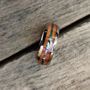 Mannen Titanium Hout Carbide Ring Abalone Gekleurde Schelpen Ringen Mens Wedding Bands