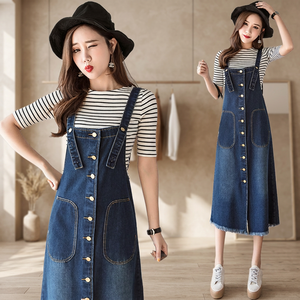 Robe Salopette en Jean pour Femme avec Boutons et Poches Avant, Coupe Évasée, Longueur Midi, Style Décontracté Printemps, Couleur Unie, Haut Rayé Inclus - Product Image 4