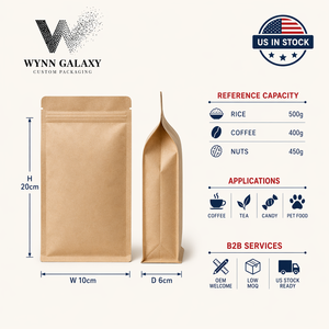 ถุงคราฟท์แบบตั้งได้สำหรับงานหนักของสหรัฐอเมริกา ขนาด 10*20*6 ซม. (4*7.9*2.4 นิ้ว) หนา 300 ไมครอน แบบมีซิปปิดผนึกได้ สำหรับบรรจุข้าวและอาหาร - Product Image 1