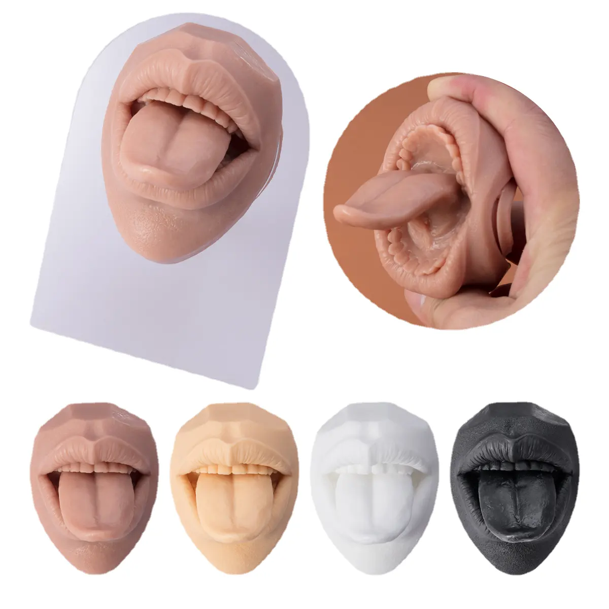 Visage silicone bouche piercing formation pose modèle lèvre langue affichage des ongles