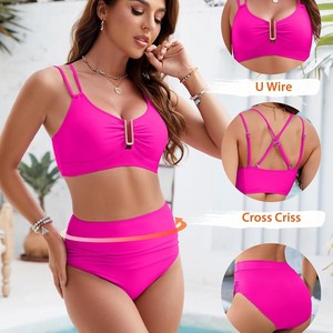 Ensemble bikini taille haute pour femme, maillot de bain amincissant avec découpes, croisements et fronces, deux pièces - Product Image 5