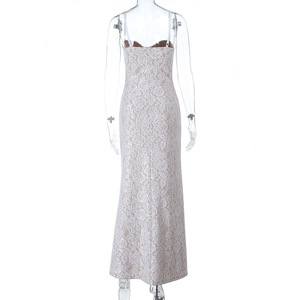 Vestido Largo <span class=keywords><strong>Blanco</strong></span> de Tirantes Estilo Occidental para Mujer, Vestido Maxi de Encaje de Doble Capa, Elegante, Casual, para Fiesta de Noche - Product Image 5