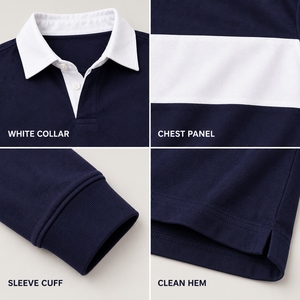 เสื้อโปโลแขนยาวผู้ชาย ผ้าฝ้ายผสมโพลีเอสเตอร์ สีตัดต่อ สไตล์รักบี้ เสื้อแขนยาวผู้ชาย รับทำโลโก้ตามสั่ง ผู้ผลิต OEM - Product Image 3