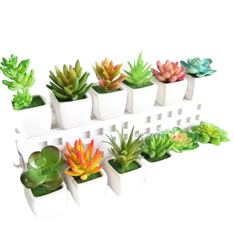 Juego de 4 plantas suculentas artificiales, miniplantas verdes surtidas para decoración interior del hogar con macetas cuadradas de cerámica blanca